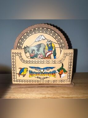 Ecuador Vintage Embossed Leather Set of 6 Coasters with Holder